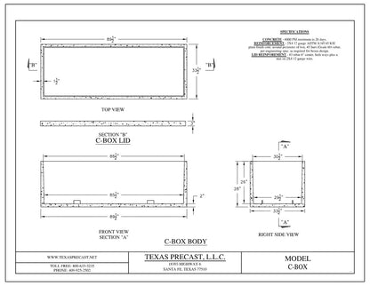 Texas Precast C Box dimensional drawing showing 89 and a half inch long by 33 and a half inch wide by 28 inch tall concrete box with lid