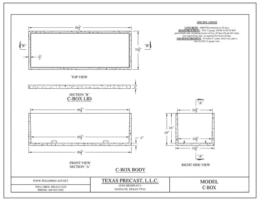 Texas Precast C Box dimensional drawing showing 89 and a half inch long by 33 and a half inch wide by 28 inch tall concrete box with lid