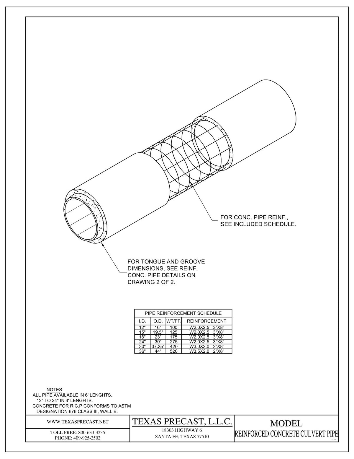 Texas Precast reinforced concrete culvert pipe drawing with pipe reinforcement schedule listing inside diameter, outside diameter and weight per foot