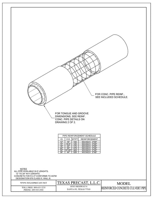 Texas Precast reinforced concrete culvert pipe drawing with pipe reinforcement schedule listing inside diameter, outside diameter and weight per foot