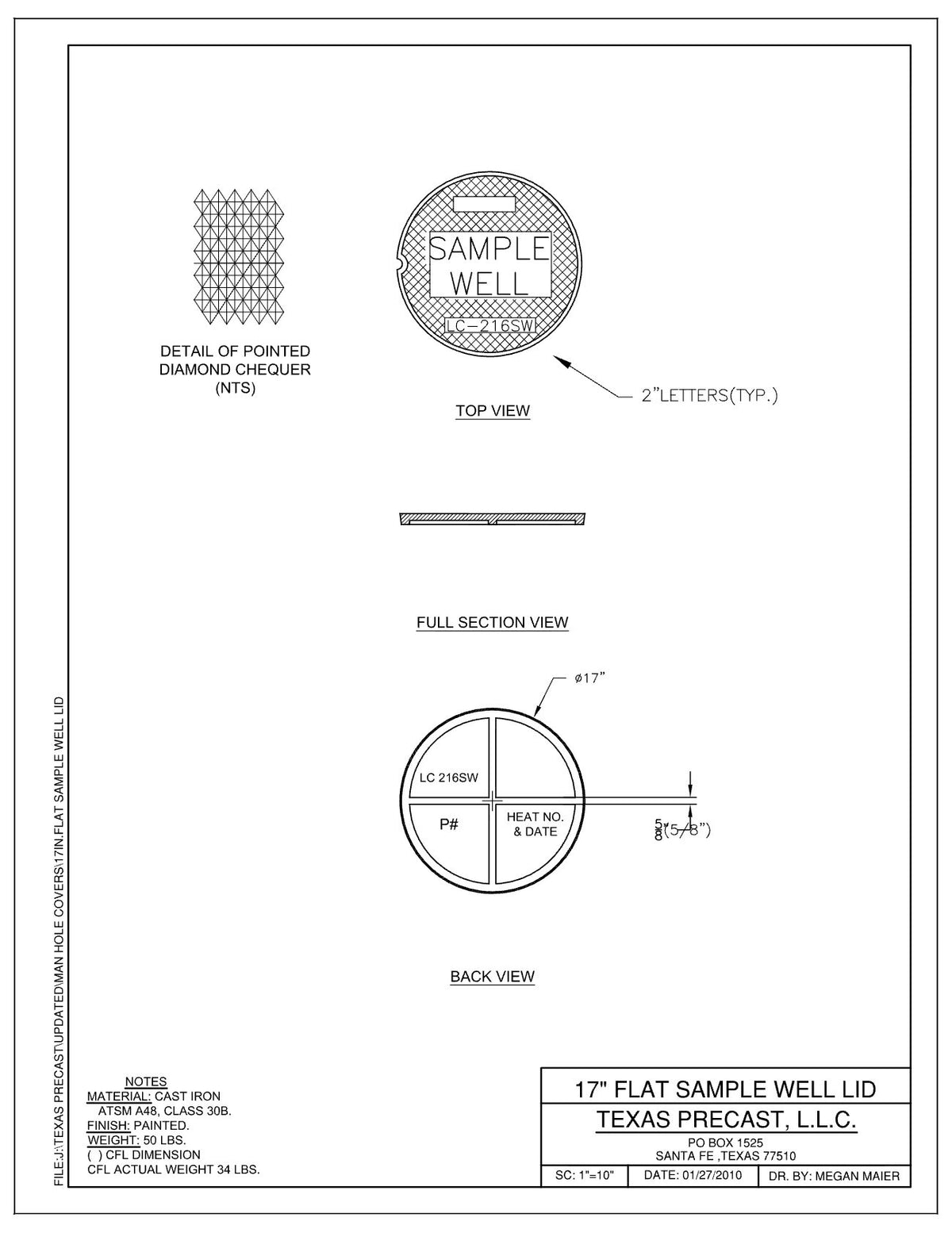 Texas Precast 17 inch flat sample well lid drawing, cast iron ASTM A48 Class 30B, 50 pounds, diamond chequer tread