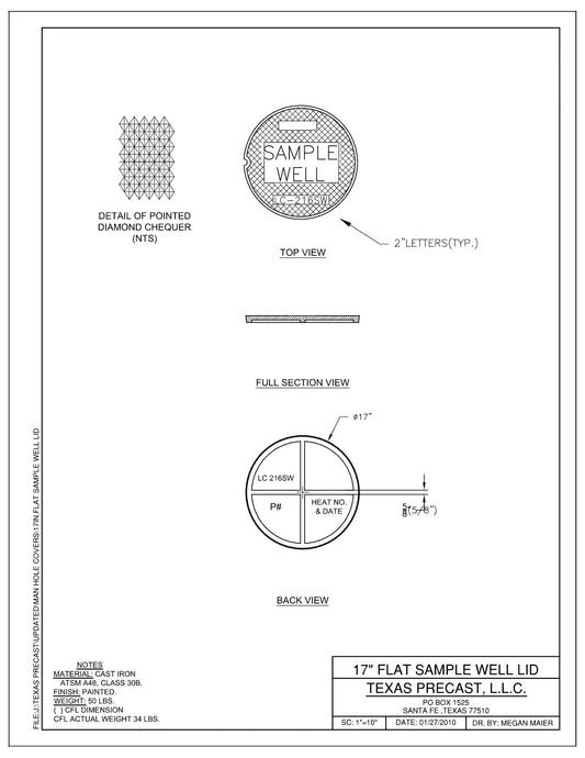 Texas Precast 17 inch flat sample well lid drawing, cast iron ASTM A48 Class 30B, 50 pounds, diamond chequer tread