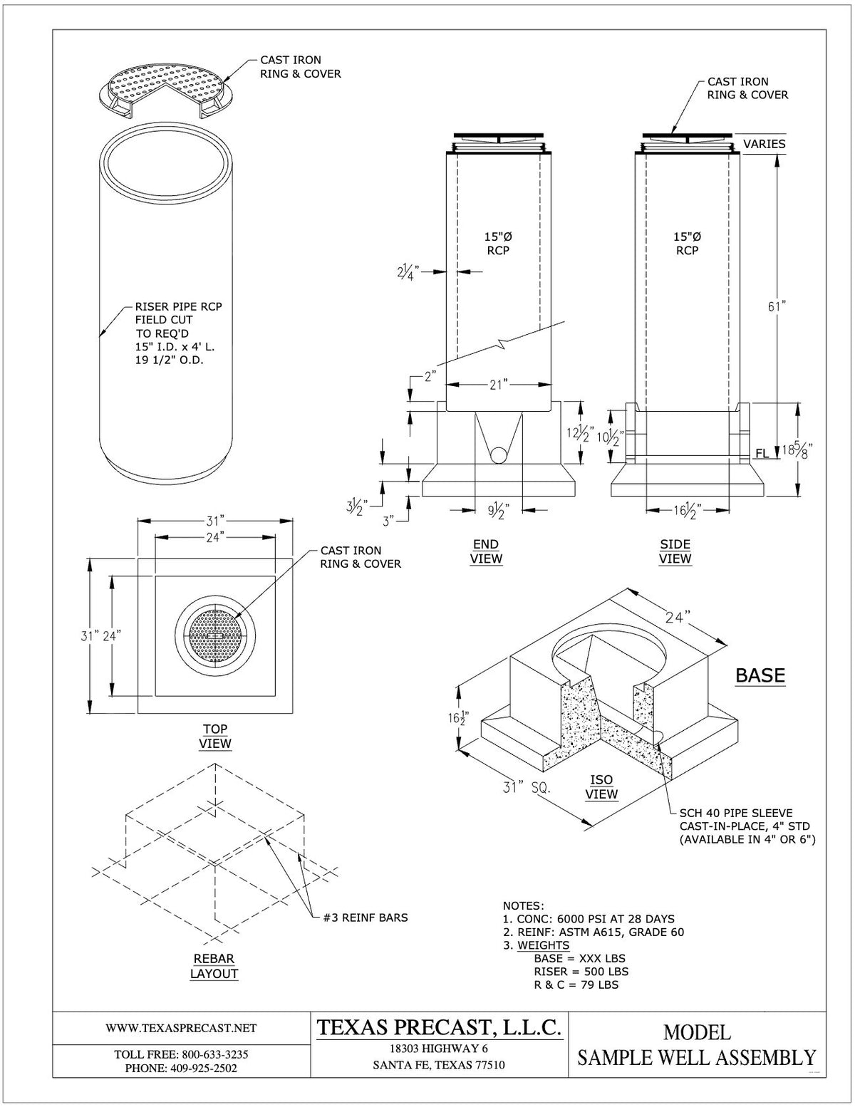 Texas Precast concrete sample well assembly drawing showing 15 inch RCP riser, 31 inch square base and cast iron ring and cover