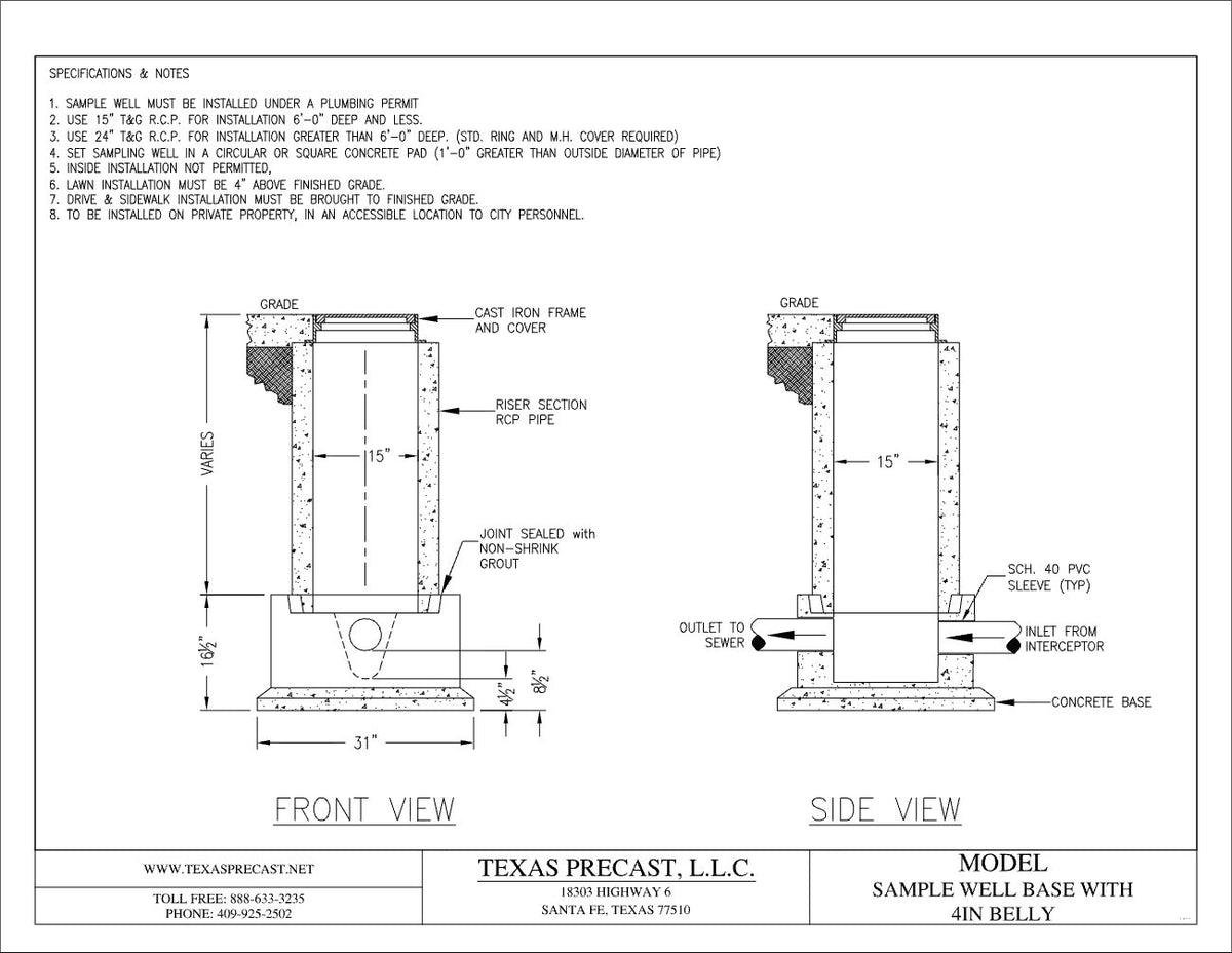 Texas Precast sample well base with 4 inch belly, front and side view with installation notes