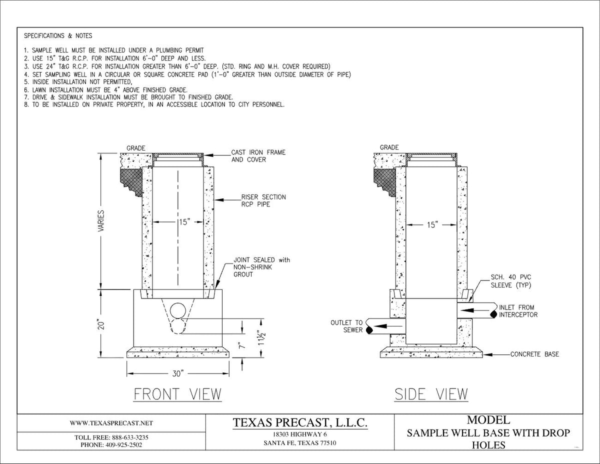 Texas Precast sample well base with drop holes, front and side view with installation notes