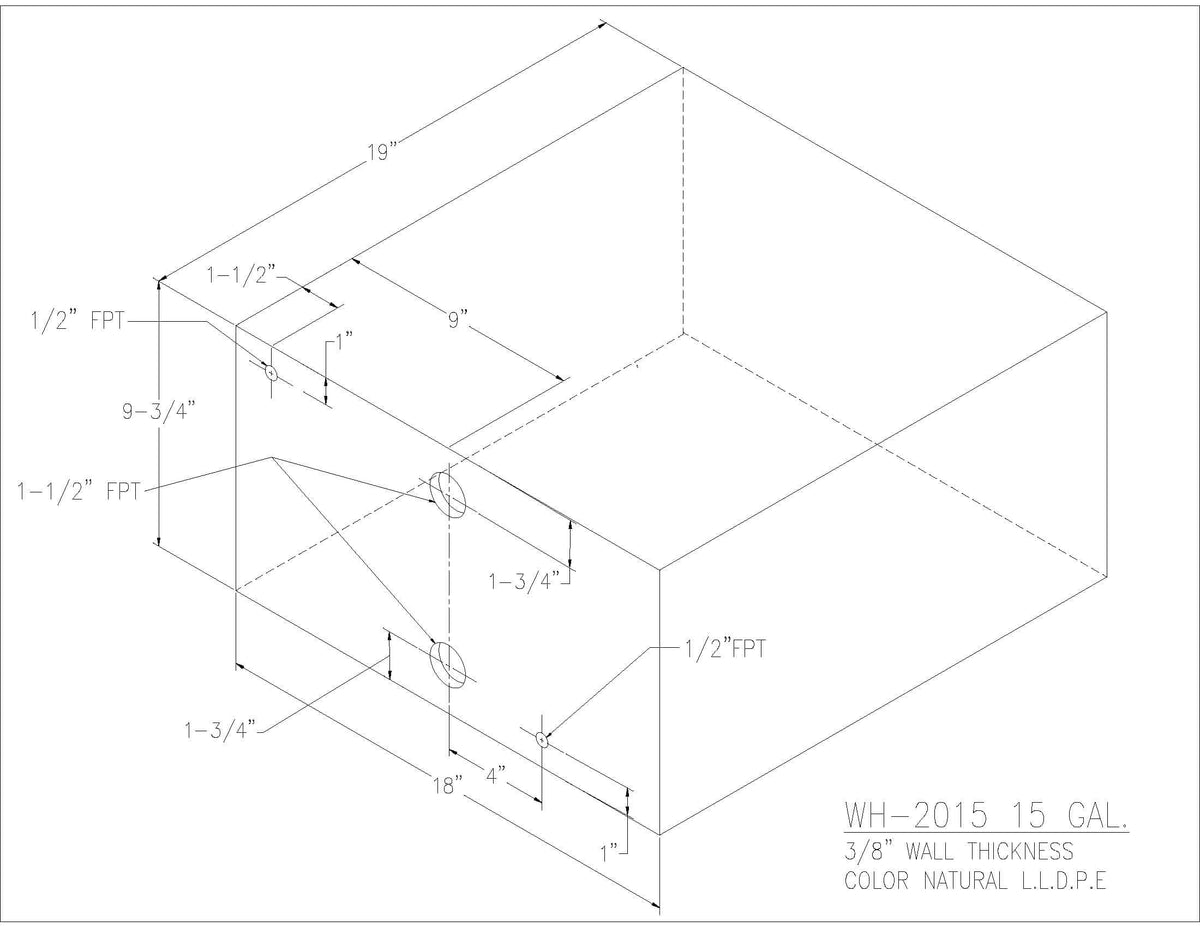 Trionic WH-2015 15 gallon water/holding tank drawing with fitting locations, 19 x 18 x 9.75 in