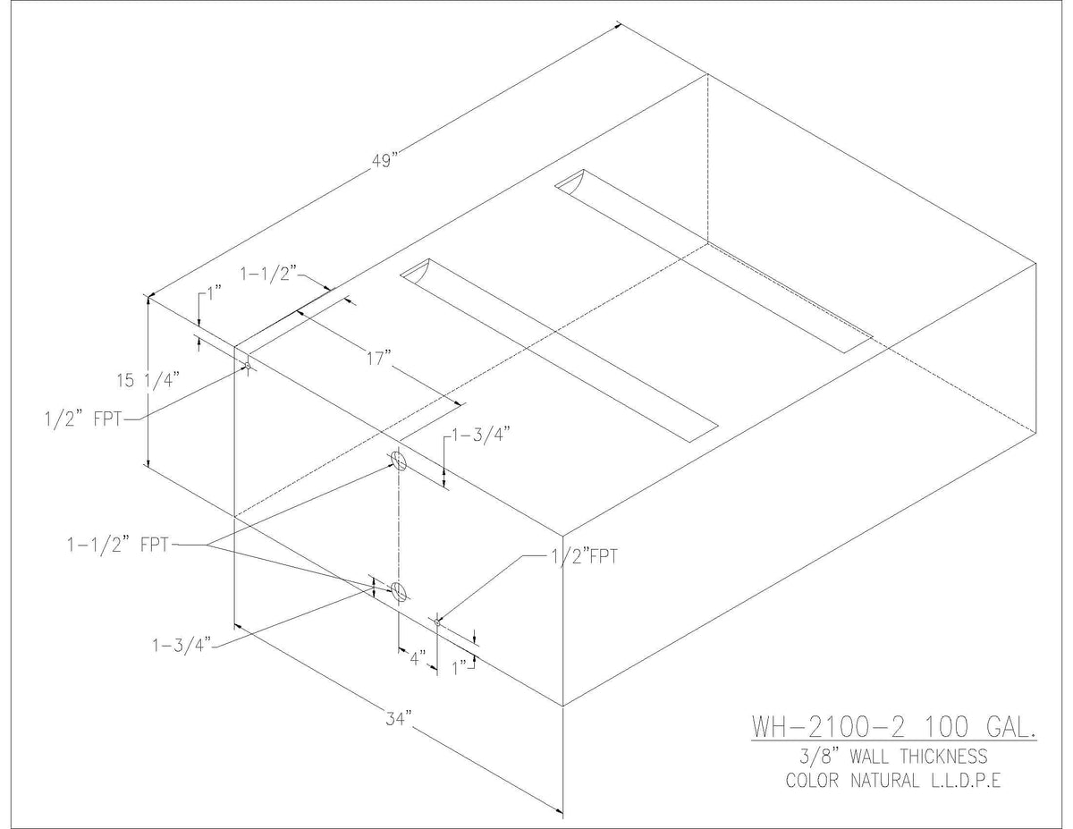 Trionic WH-2100-2 100 gallon water/holding tank drawing with fitting locations, 49 x 34 x 15.25 in