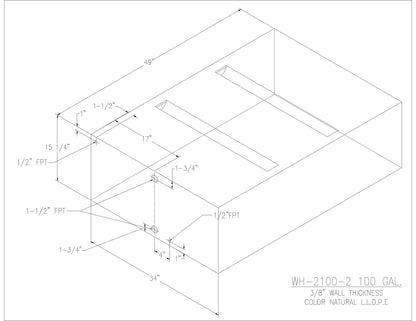 Trionic WH-2100-2 100 gallon water/holding tank drawing with fitting locations, 49 x 34 x 15.25 in