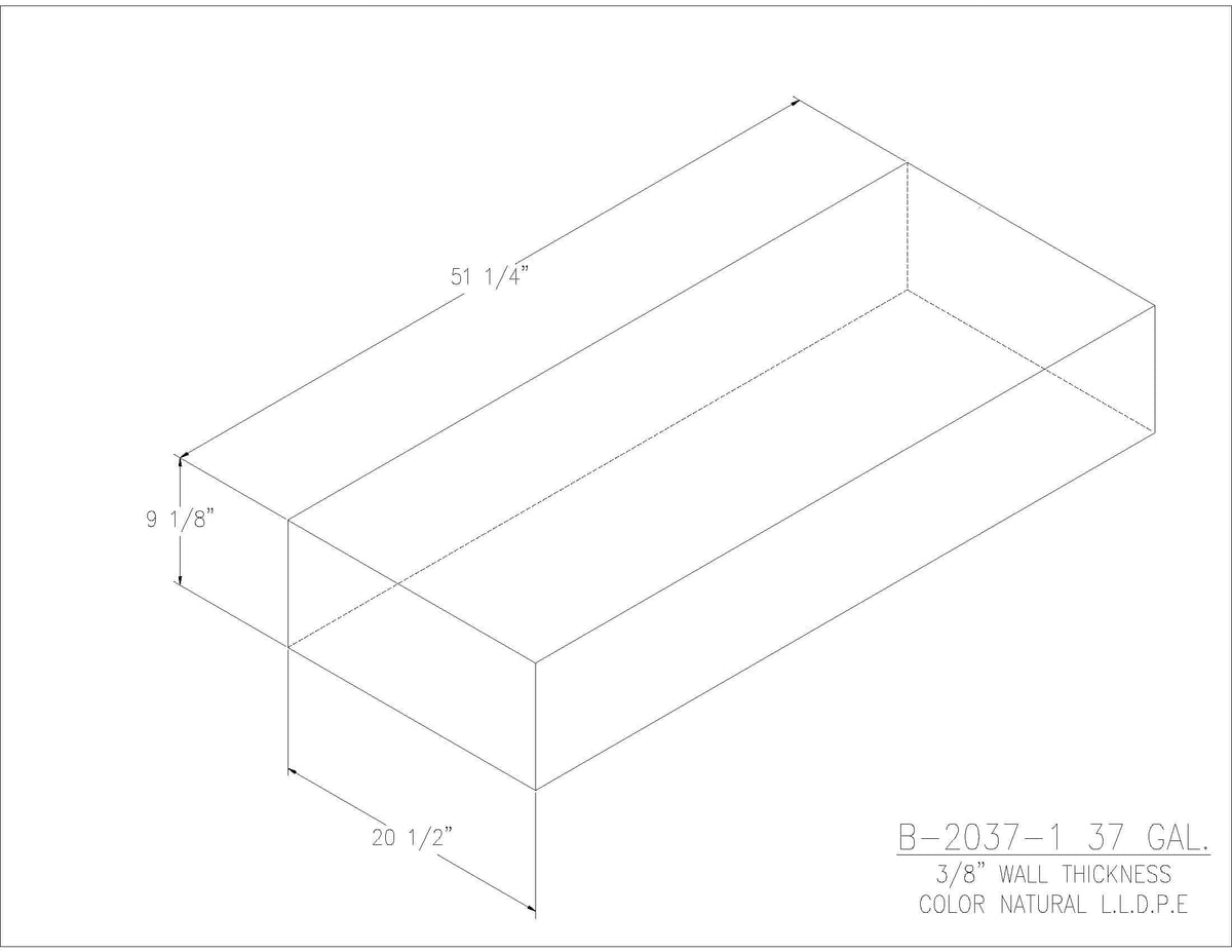 Trionic B-2037-1 37 gallon blank water/holding tank drawing, 51.25 x 20.5 x 9.125 in