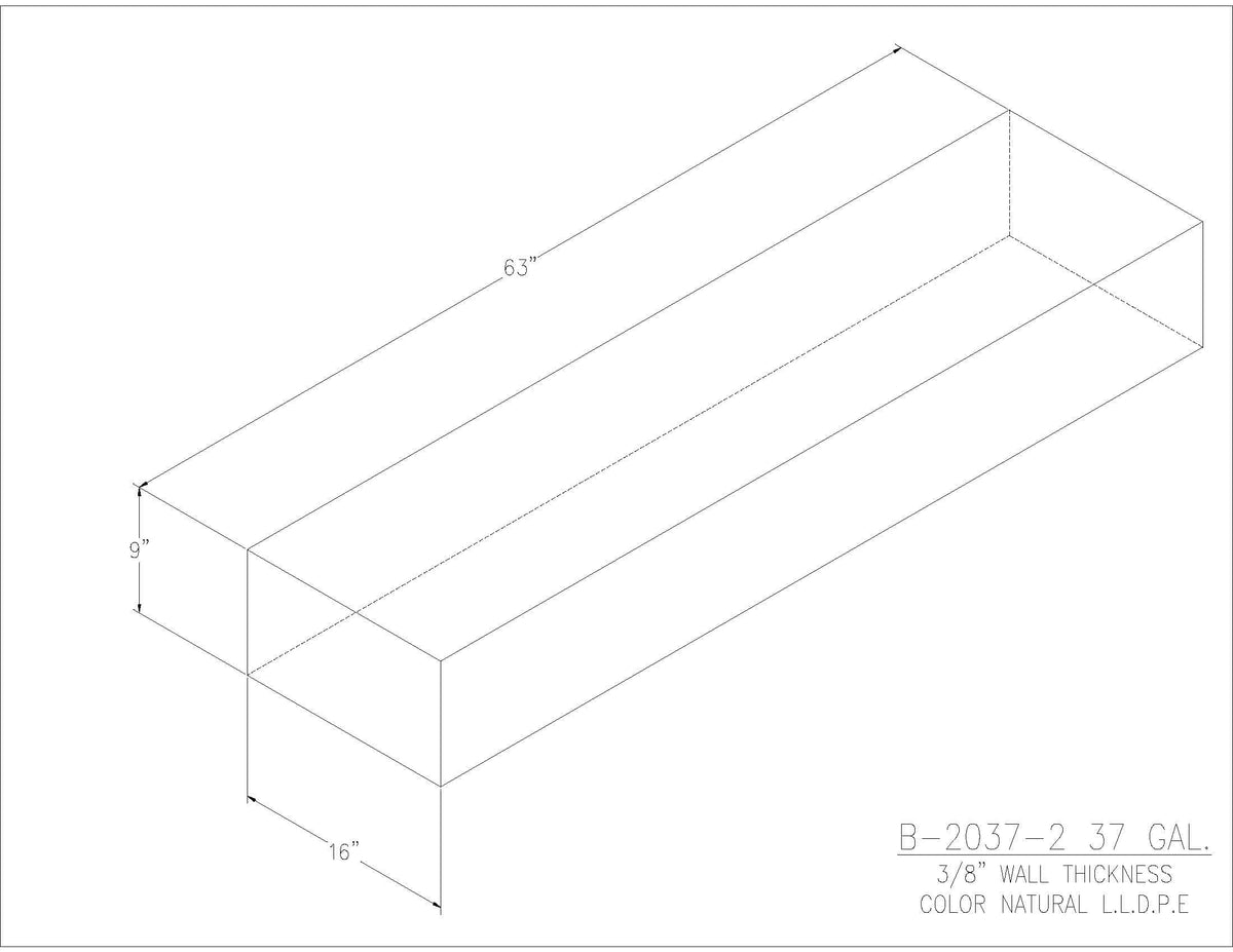 Trionic B-2037-2 37 gallon blank water/holding tank drawing, 63 x 16 x 9 in