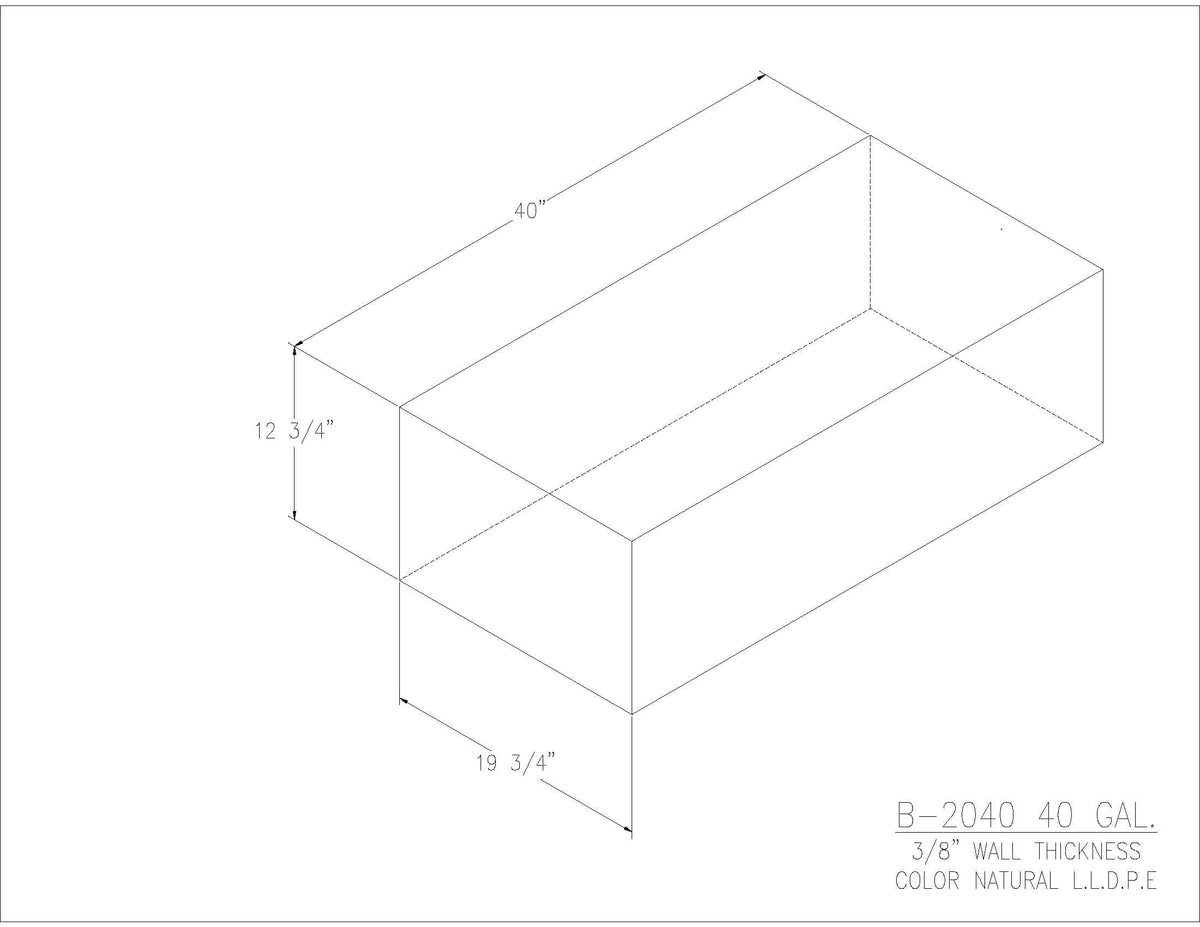 Trionic B-2040 40 gallon blank water/holding tank drawing, 40 x 19.75 x 12.75 in