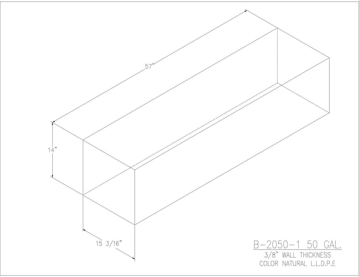 Trionic B-2050-1 50 gallon blank water/holding tank drawing, 57 x 15.188 x 14 in