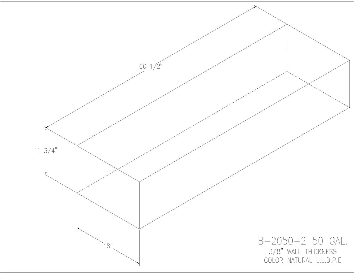 Trionic B-2050-2 50 gallon blank water/holding tank drawing, 60.5 x 18 x 11.75 in