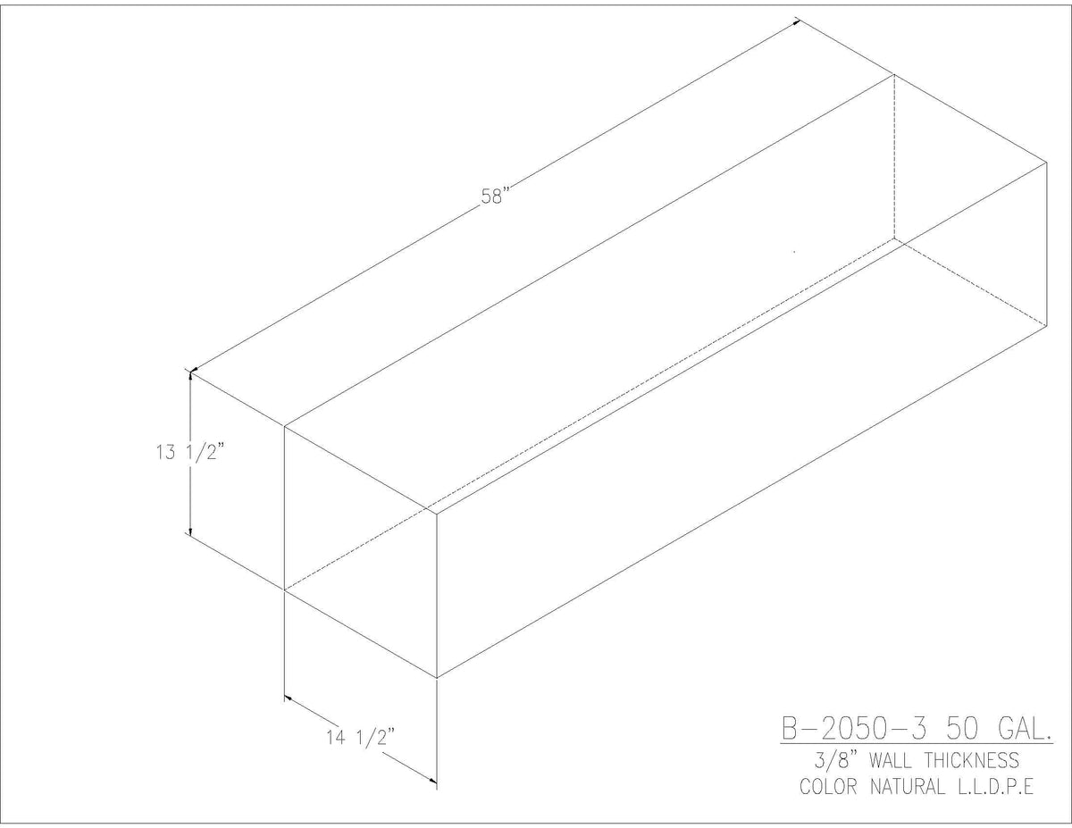 Trionic B-2050-3 50 gallon blank water/holding tank drawing, 58 x 14.5 x 13.5 in