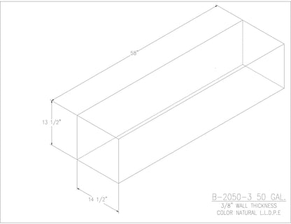 Trionic B-2050-3 50 gallon blank water/holding tank drawing, 58 x 14.5 x 13.5 in