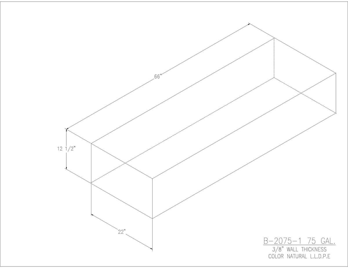 Trionic B-2075-1 75 gallon blank water/holding tank drawing, 66 x 22 x 12.5 in