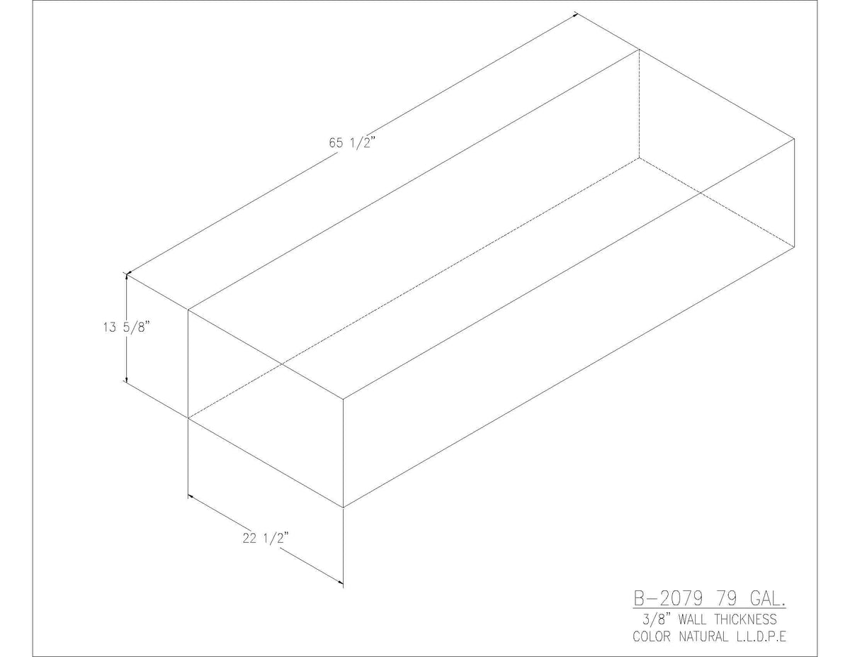 Trionic B-2079 79 gallon blank water/holding tank drawing, 65.5 x 22.5 x 13.625 in