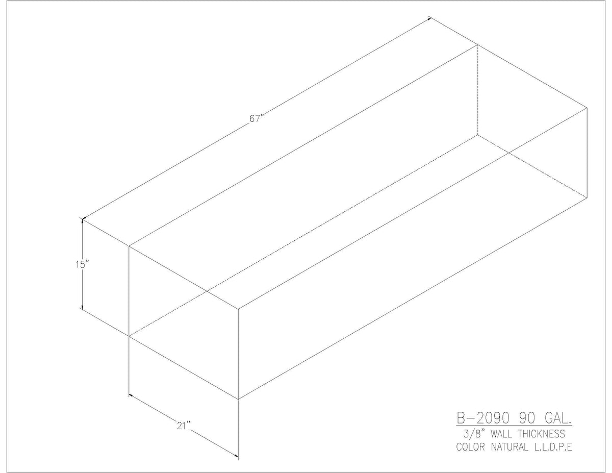 Trionic B-2090 90 gallon blank water/holding tank drawing, 67 x 21 x 15 in