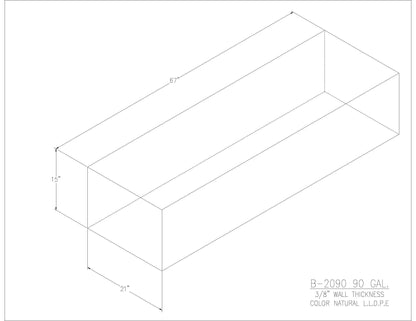 Trionic B-2090 90 gallon blank water/holding tank drawing, 67 x 21 x 15 in