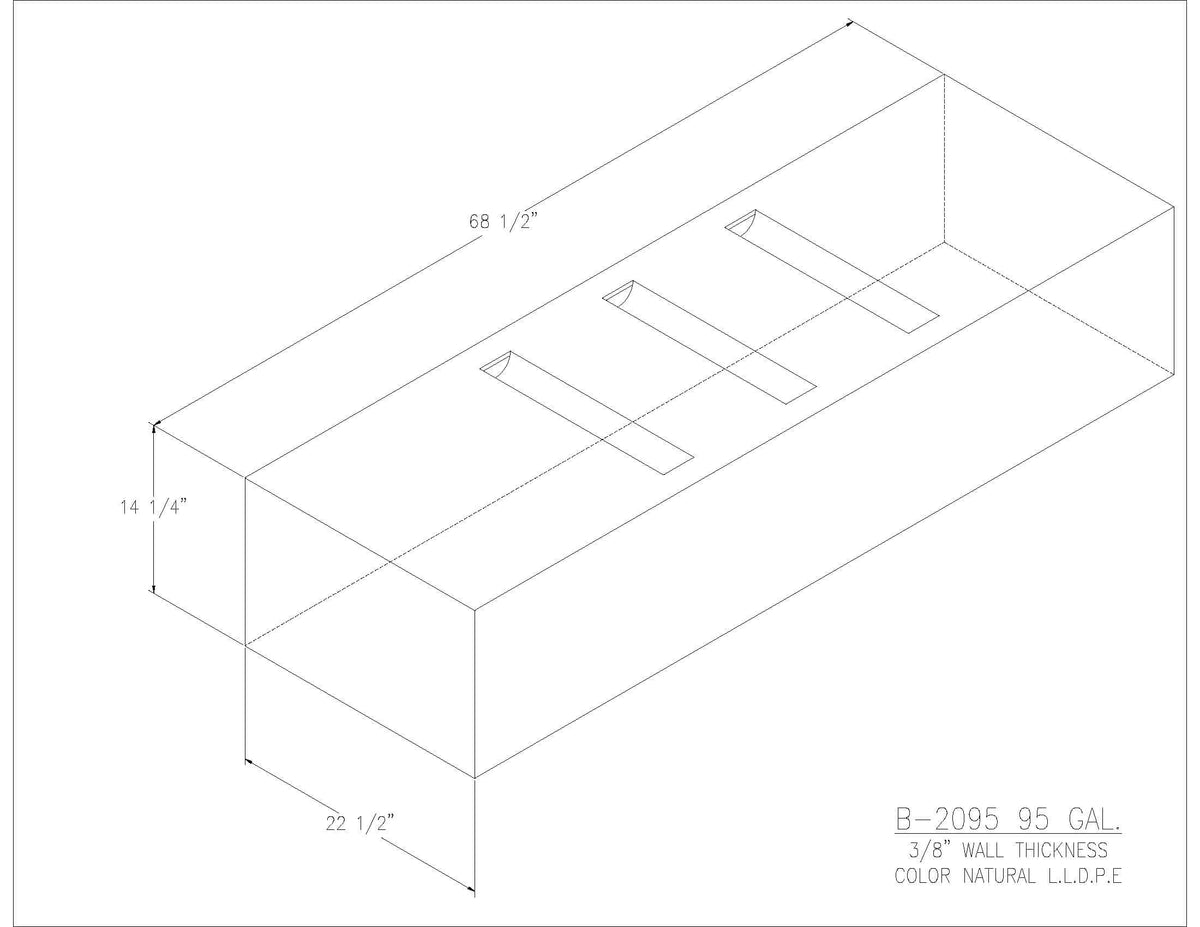 Trionic B-2095 95 gallon blank water/holding tank drawing, 68.5 x 22.5 x 14.25 in