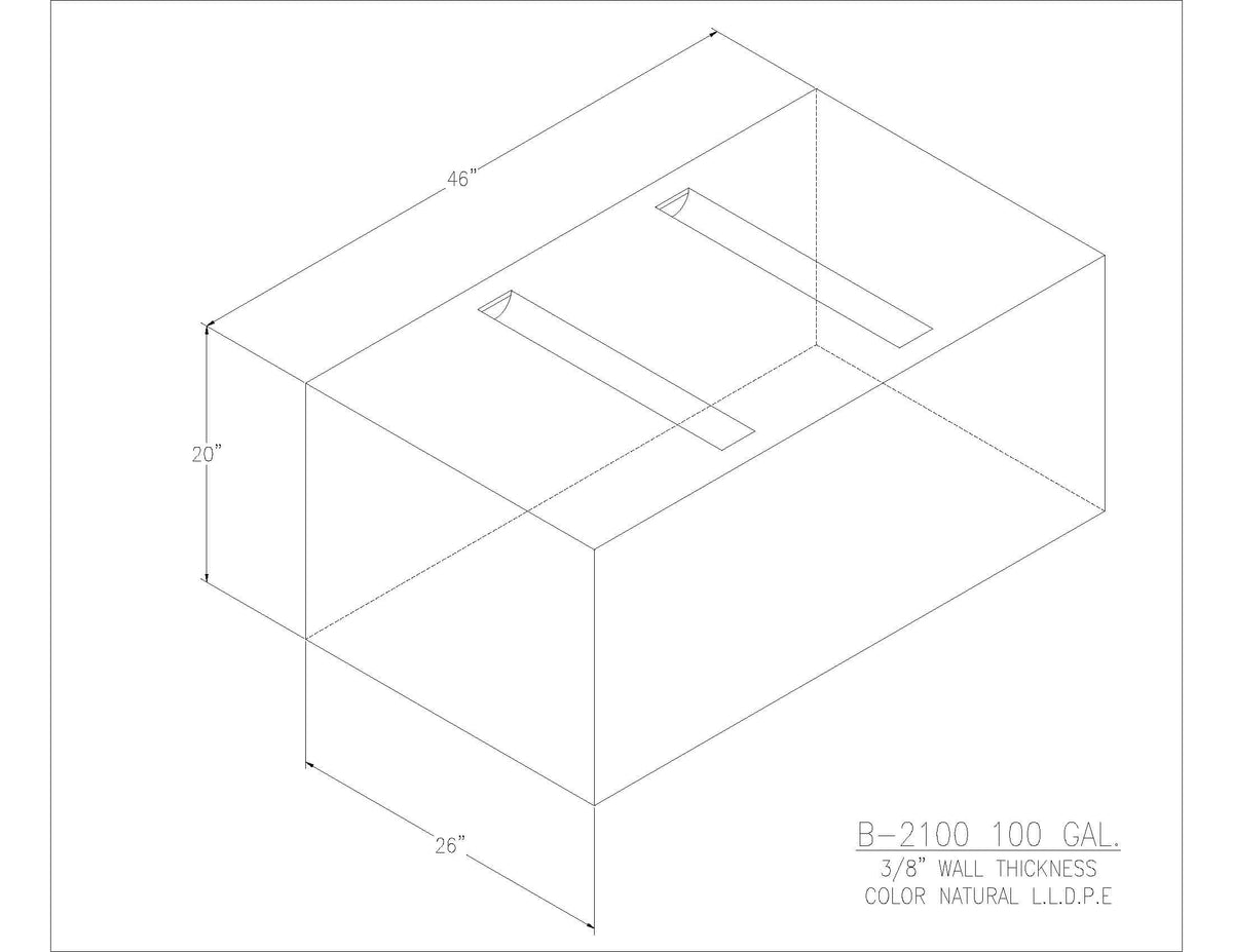 Trionic B-2100 100 gallon blank water/holding tank drawing, 46 x 26 x 20 in