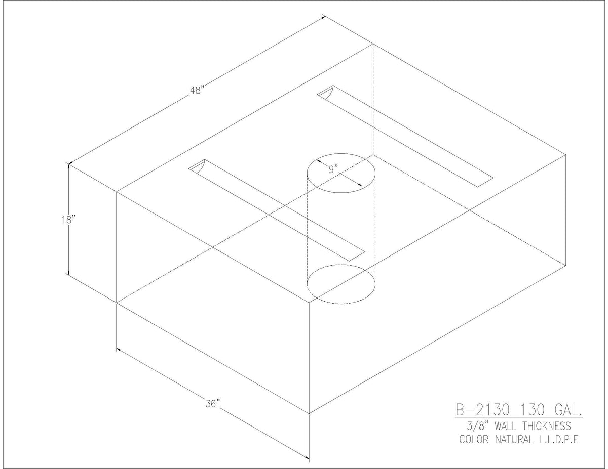Trionic B-2130 130 gallon blank water/holding tank drawing, 48 x 36 x 18 in