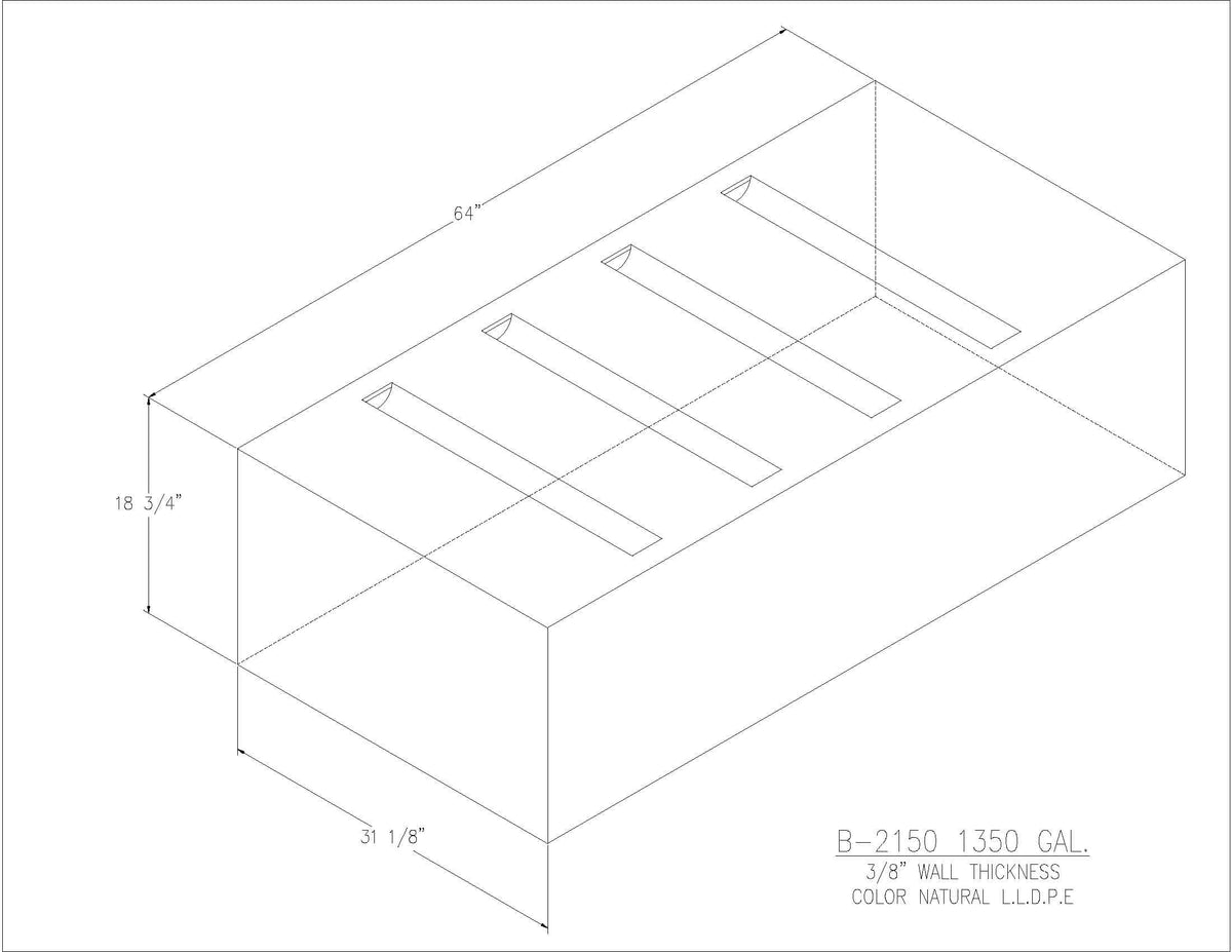 Trionic B-2150 150 gallon blank water/holding tank drawing, 64 x 31.125 x 18.75 in
