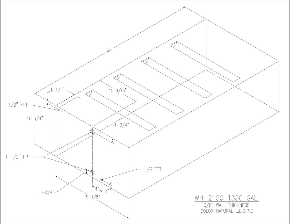 Trionic WH-2150 150 gallon water/holding tank drawing with fitting locations, 64 x 31.125 x 18.75 in