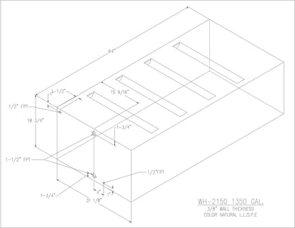 Trionic WH-2150 150 gallon water/holding tank drawing with fitting locations, 64 x 31.125 x 18.75 in