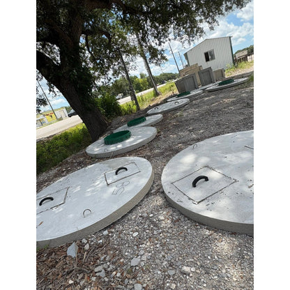 Texas Precast concrete tank lids stacked in the manufacturing yard