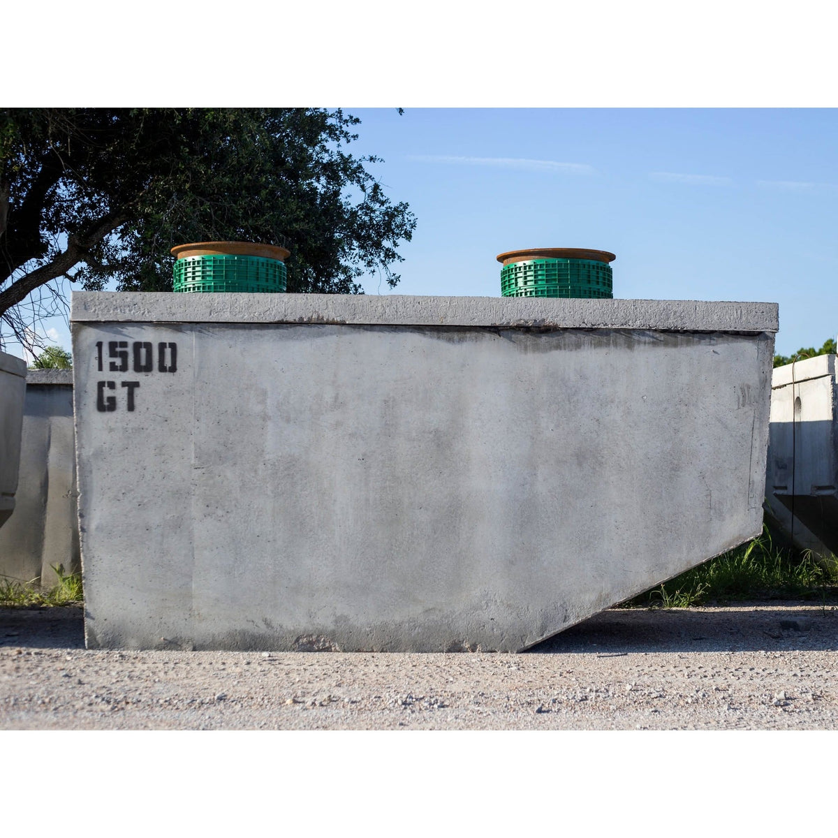 Texas Precast 1500 gallon concrete grease interceptor in the manufacturing yard