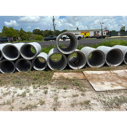 Texas Precast reinforced concrete pipe stacked in the manufacturing yard