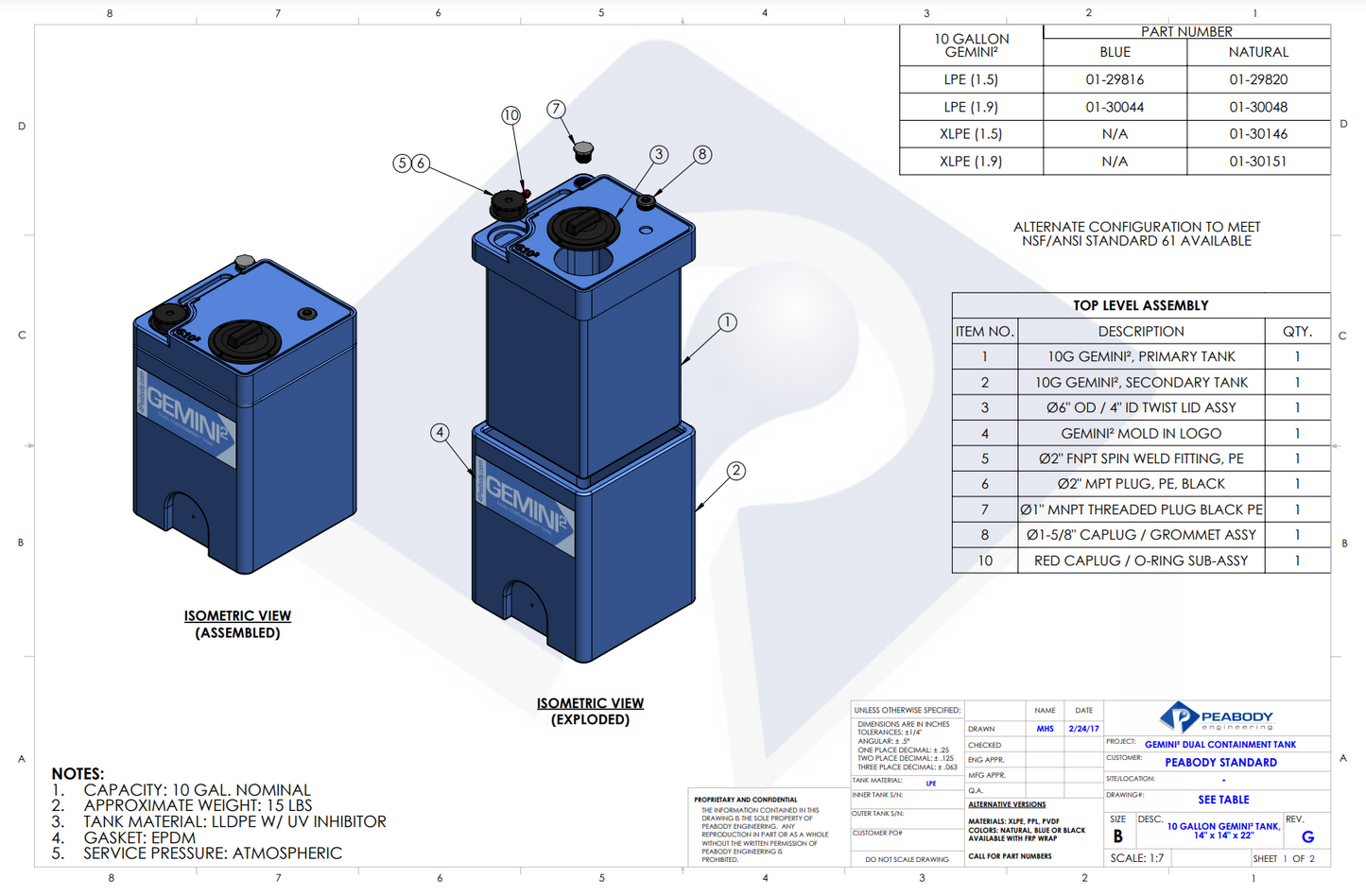 10 Gallon Peabody Engineering Gemini Square Dual Containment Tank 1.9 SG (MPN: 01-30044)