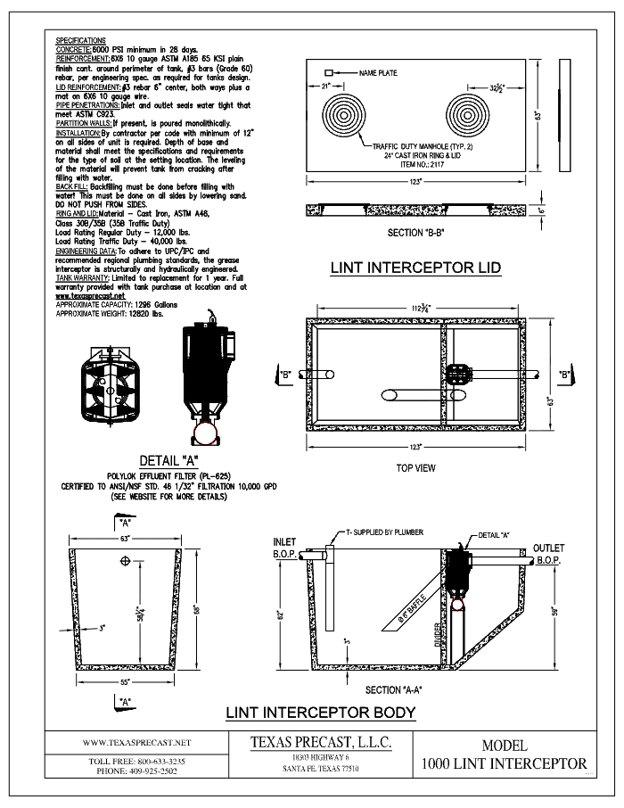 1000 Gallon Texas Precast Concrete Lint Interceptor (MPN 1000 LINT INTERCEPTOR) - manufacturer dimensional drawing with lid plan, top view, section A-A and effluent filter detail