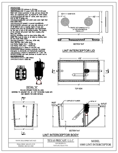 1000 Gallon Texas Precast Concrete Lint Interceptor (MPN 1000 LINT INTERCEPTOR) - manufacturer dimensional drawing with lid plan, top view, section A-A and effluent filter detail