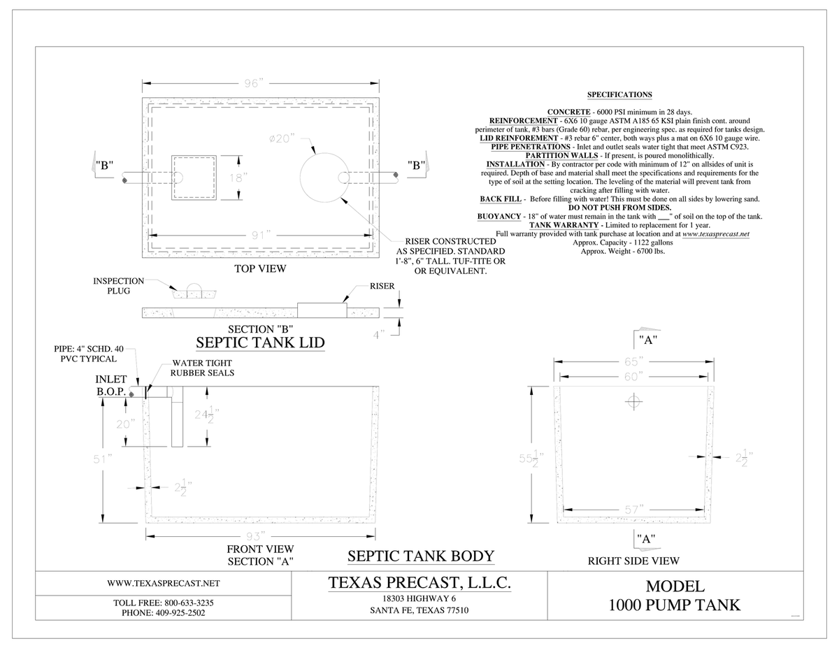 1000 Gallon Texas Precast Concrete Pump Tank (MPN 1000 PUMP TANK) - manufacturer dimensional drawing with top view, lid section, front view section A and right side view
