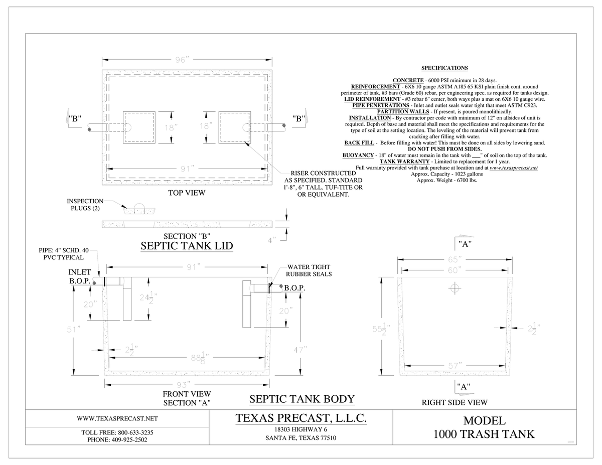 1000 Gallon Texas Precast Concrete Trash Tank (MPN 1000 TRASH TANK) - manufacturer dimensional drawing with top view, lid section, front view section A and right side view