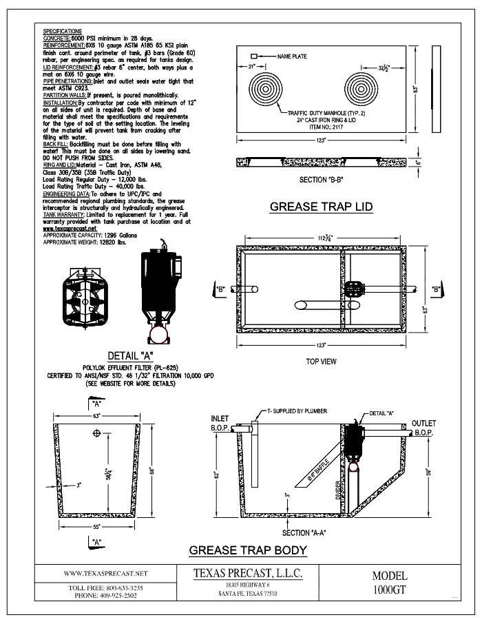 1000 Gallon Texas Precast Concrete Grease Trap (MPN 1000GT) - manufacturer dimensional drawing with lid plan, top view, section A-A and Polylok PL-625 effluent filter detail