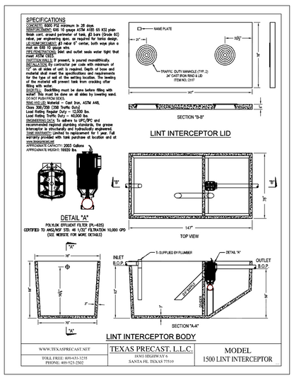 1500 Gallon Texas Precast Concrete Lint Interceptor (MPN 1500 LINT INTERCEPTOR) - manufacturer dimensional drawing with lid plan, top view, section A-A and effluent filter detail
