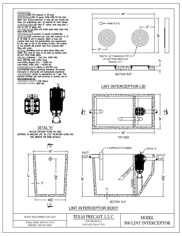 500 Gallon Texas Precast Concrete Lint Interceptor (MPN 500 LINT INTERCEPTOR) - manufacturer dimensional drawing with lid plan, top view, section A-A and effluent filter detail
