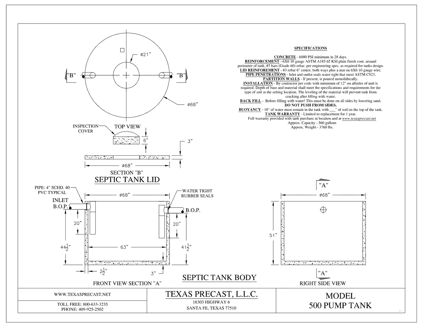 500 Gallon Texas Precast Round Concrete Pump Tank (MPN 500 PUMP TANK) - manufacturer dimensional drawing showing top view, lid section, front view section A and right side view