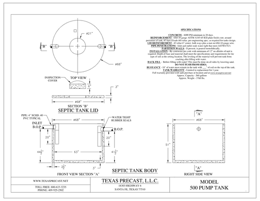 500 Gallon Texas Precast Round Concrete Pump Tank (MPN 500 PUMP TANK) - manufacturer dimensional drawing showing top view, lid section, front view section A and right side view