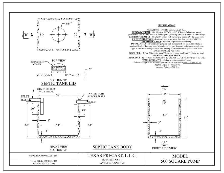 500 Gallon Texas Precast Square Concrete Pump Tank (MPN 500 SQUARE PUMP) - manufacturer dimensional drawing with top view, lid section, front view section A and right side view