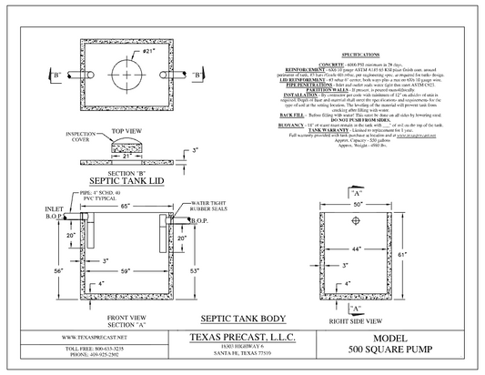 500 Gallon Texas Precast Square Concrete Pump Tank (MPN 500 SQUARE PUMP) - manufacturer dimensional drawing with top view, lid section, front view section A and right side view