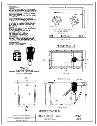 500 Gallon Texas Precast Concrete Grease Trap (MPN 500GT) - manufacturer dimensional drawing with lid plan, top view, section A-A and Polylok PL-625 effluent filter detail