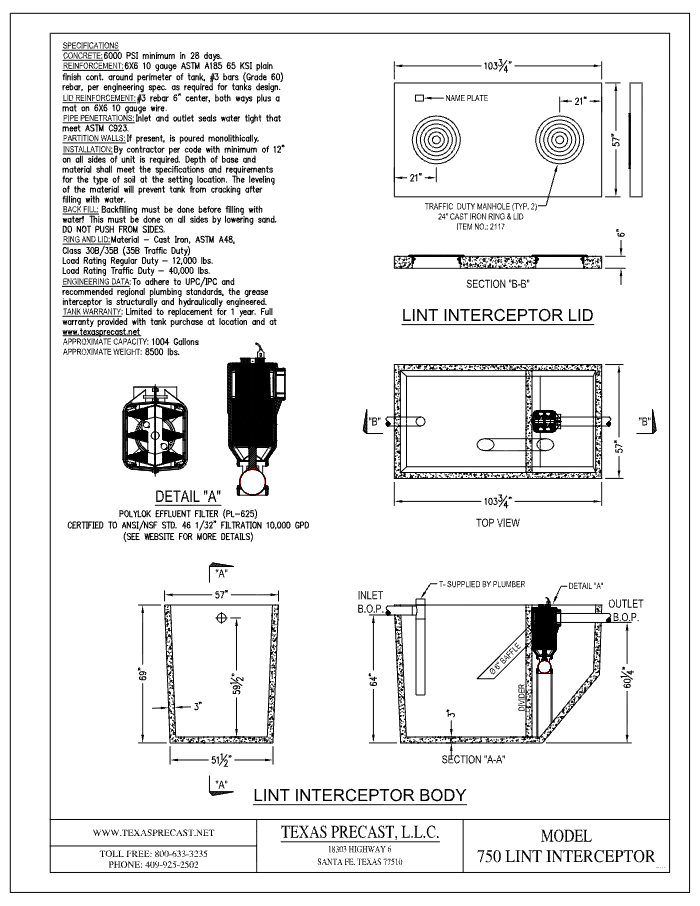750 Gallon Texas Precast Concrete Lint Interceptor (MPN 750 LINT INTERCEPTOR) - manufacturer dimensional drawing with lid plan, top view, section A-A and effluent filter detail