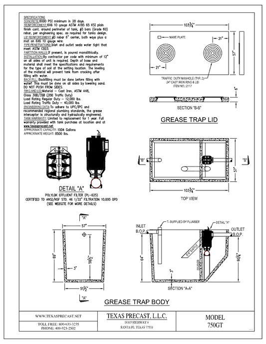 750 Gallon Texas Precast Concrete Grease Trap (MPN 750GT) - manufacturer dimensional drawing with lid plan, top view, section A-A and Polylok PL-625 effluent filter detail