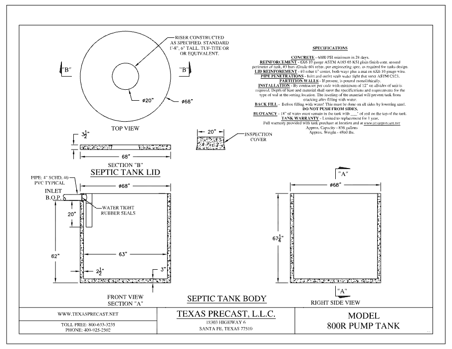 800 Gallon Texas Precast Round Concrete Pump Tank (MPN 800R PUMP TANK) - manufacturer dimensional drawing with top view, riser detail, front view section A and right side view