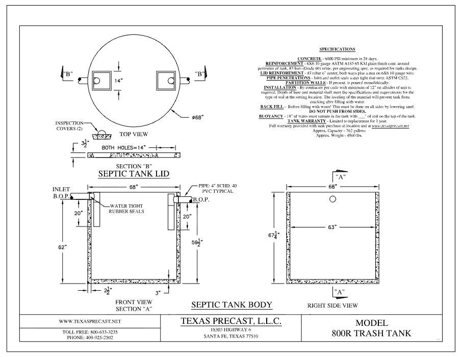 800 Gallon Texas Precast Round Concrete Trash Tank (MPN 800R TRASH TANK) - manufacturer dimensional drawing with top view, lid section, front view section A and right side view