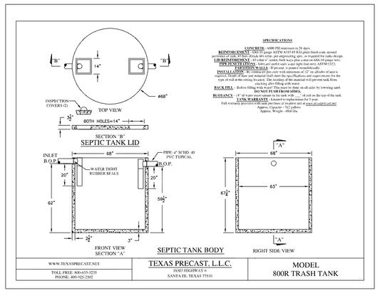 800 Gallon Texas Precast Round Concrete Trash Tank (MPN 800R TRASH TANK) - manufacturer dimensional drawing with top view, lid section, front view section A and right side view